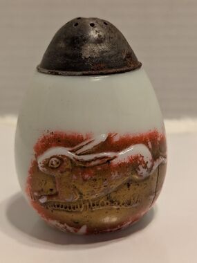 Antique EAPG Milk Glass Egg Sugar Shaker - Rabbit & Hen Motif